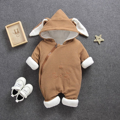 Back view of a thick baby hooded romper, featuring a playful animal design, unisex infant apparel