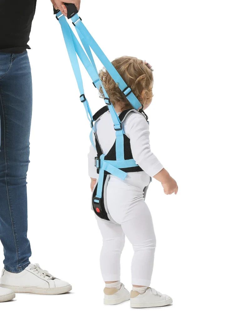 Adjustable baby walking harness with secure buckles, providing support for infant's walking practice
