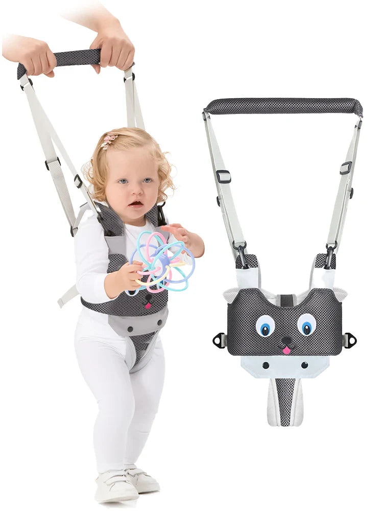 Breathable fabric baby walking harness in a gender-neutral color, promoting child safety for new walkers