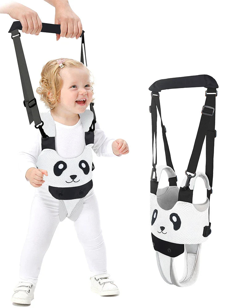 Infant safety walking harness with parents hands guiding the baby, depicting supervised first steps