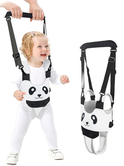 Infant safety walking harness with parents hands guiding the baby, depicting supervised first steps