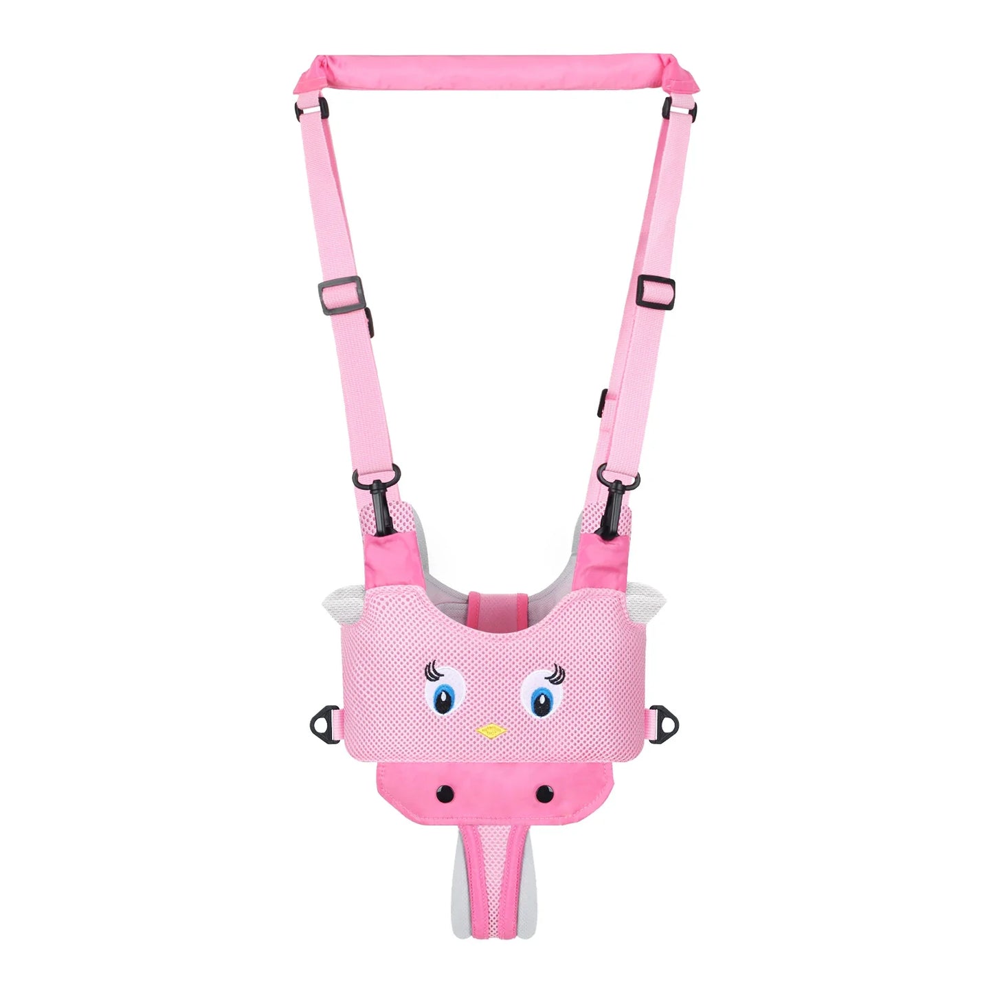 Baby walking harness being used by a smiling toddler outdoors, encouraging independent walking