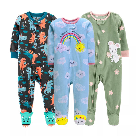 Unisex baby warm fleece footed romper pajamas, zipper front, blue with playful animal ears on hood.