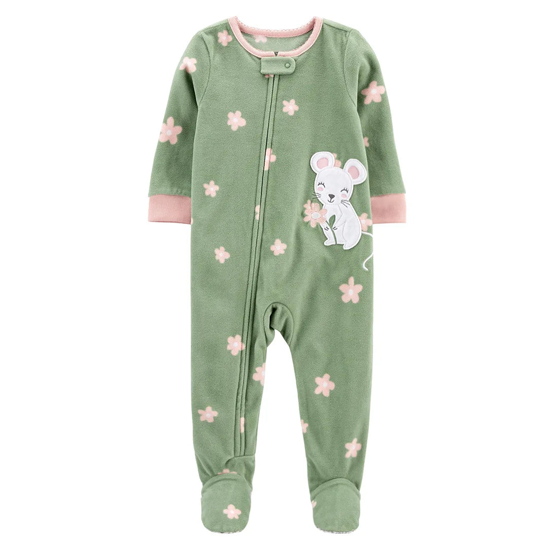 Newborn outfit, soft blue fleece footed romper, comfortable babywear with a full-length zipper.