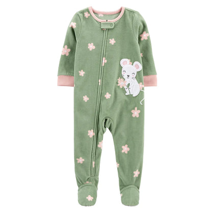 Newborn outfit, soft blue fleece footed romper, comfortable babywear with a full-length zipper.