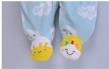 Cozy baby fleece footed pajamas, unisex design in dark blue, perfect autumn baby clothes with an hood.