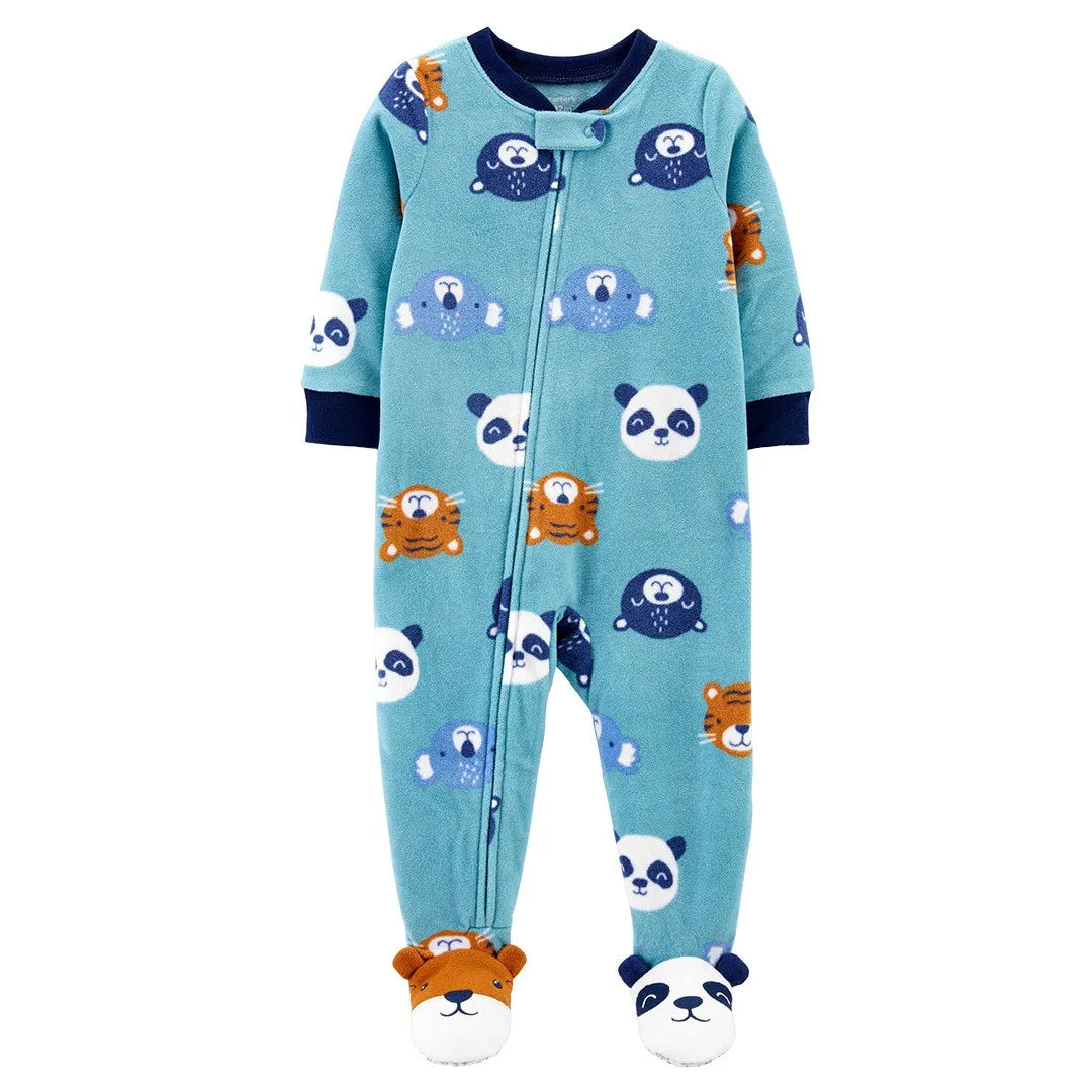 Cute cartoon romper, baby jumpsuit with animal face on hood, warm fleece for newborns, full body zipper.