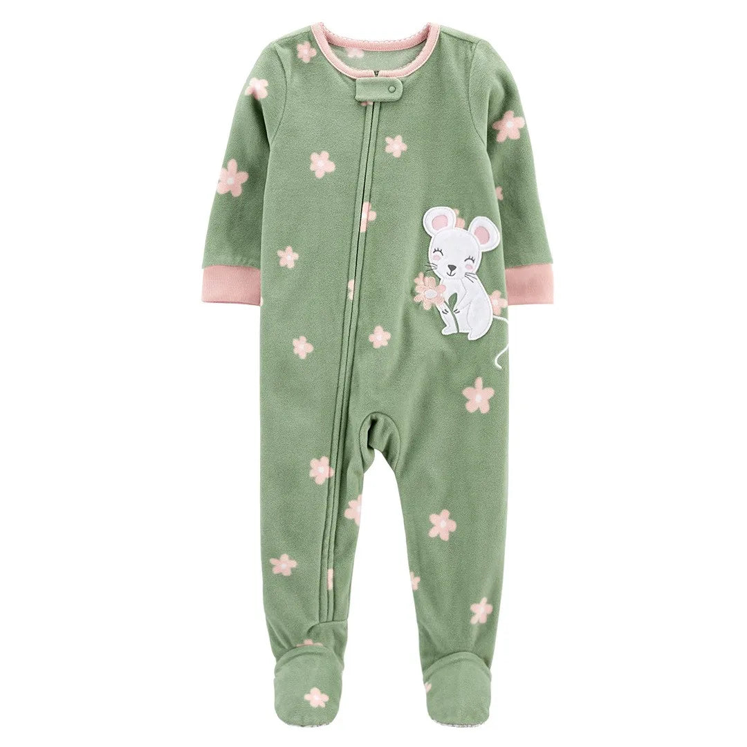 Warm baby fleece footed romper, unisex design, off-white, perfect infant sleepwear with easy zipper.