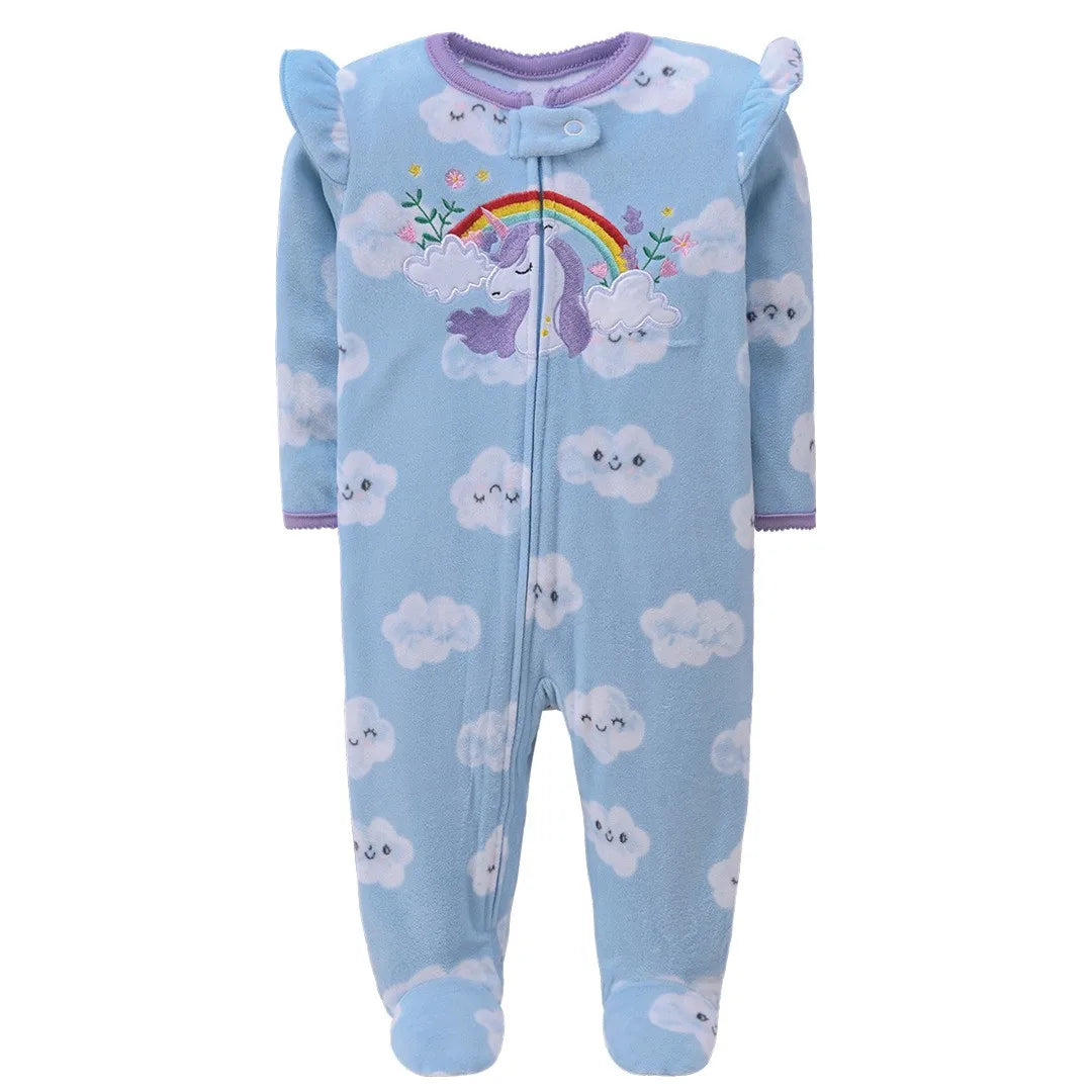 Unisex newborn outfit, fleece footed pajamas, light blue, comfortable babywear with snap buttons at crotch.