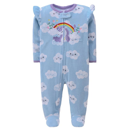 Unisex newborn outfit, fleece footed pajamas, light blue, comfortable babywear with snap buttons at crotch.
