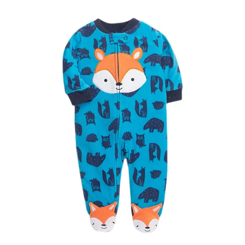 Infant sleepwear, green fleece footed romper pajamas, unisex design, hooded with bear ears.