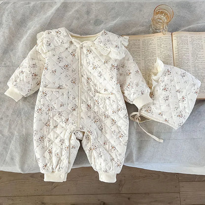 Unisex baby winter floral romper with soft fur lining and matching hat for newborns.