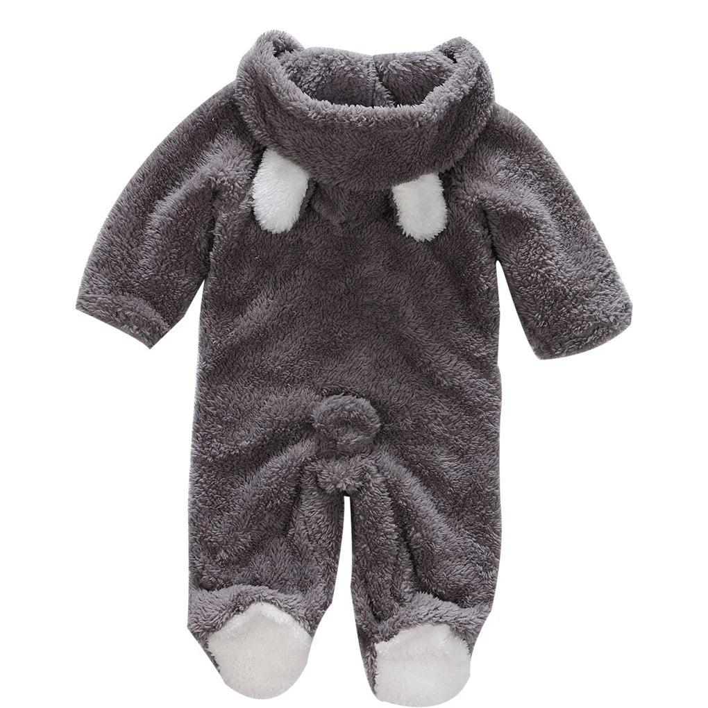 Baby boy or girl long sleeve hooded romper jumpsuit, warm winter infant wear