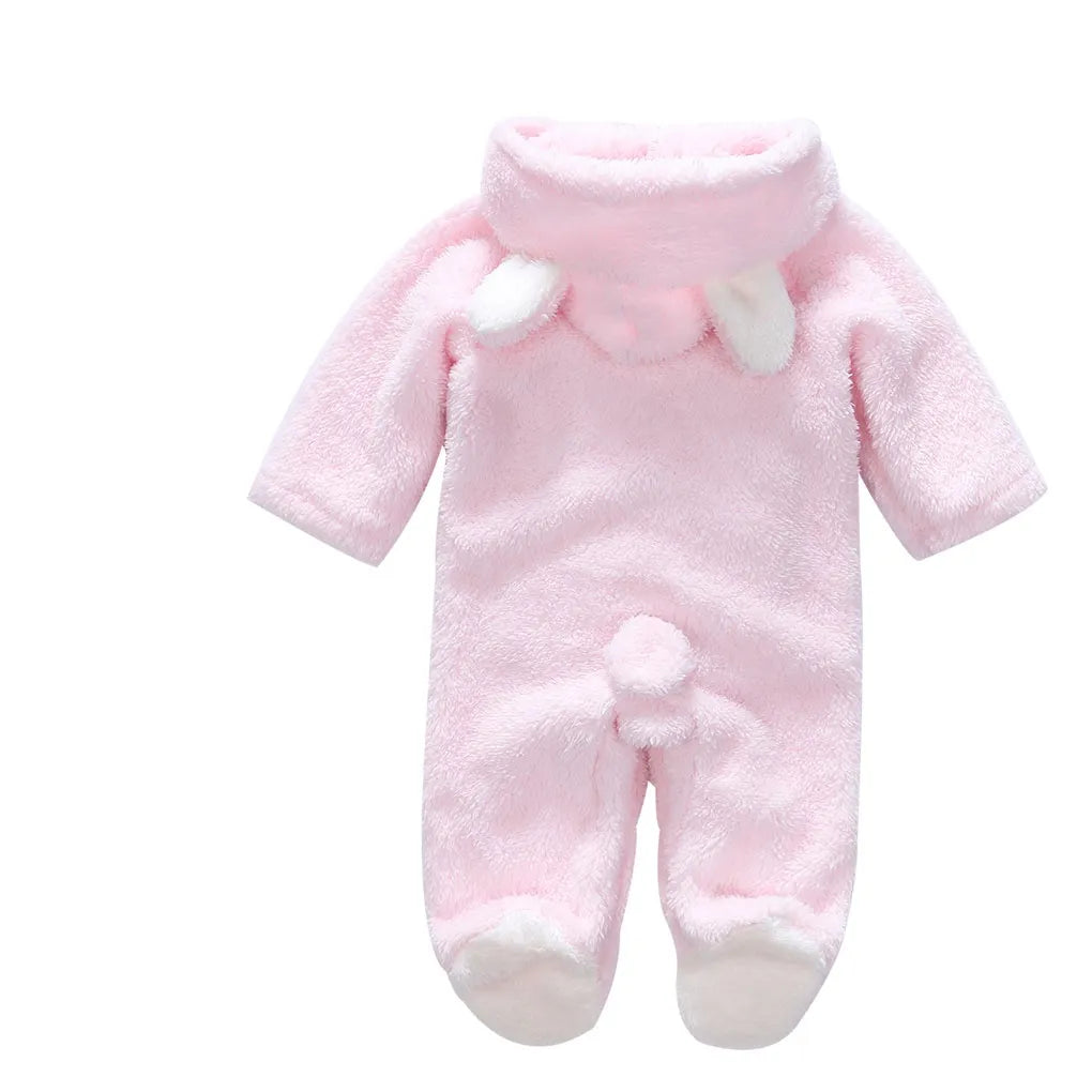 Cozy winter baby outfit: unisex hooded long sleeve romper, soft velvet 0-12M