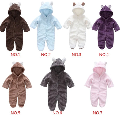 Infant hooded jumpsuit, long sleeve winter romper for unisex baby wear, velvet comfy