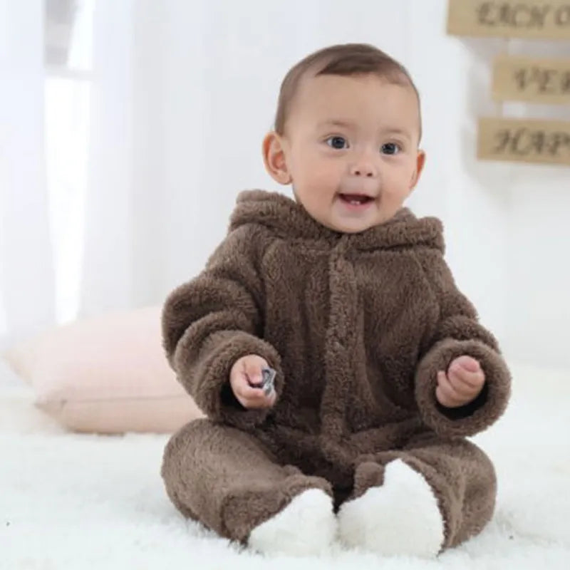 Velvet baby long sleeve hooded romper jumpsuit, warm and soft for winter 0-12M