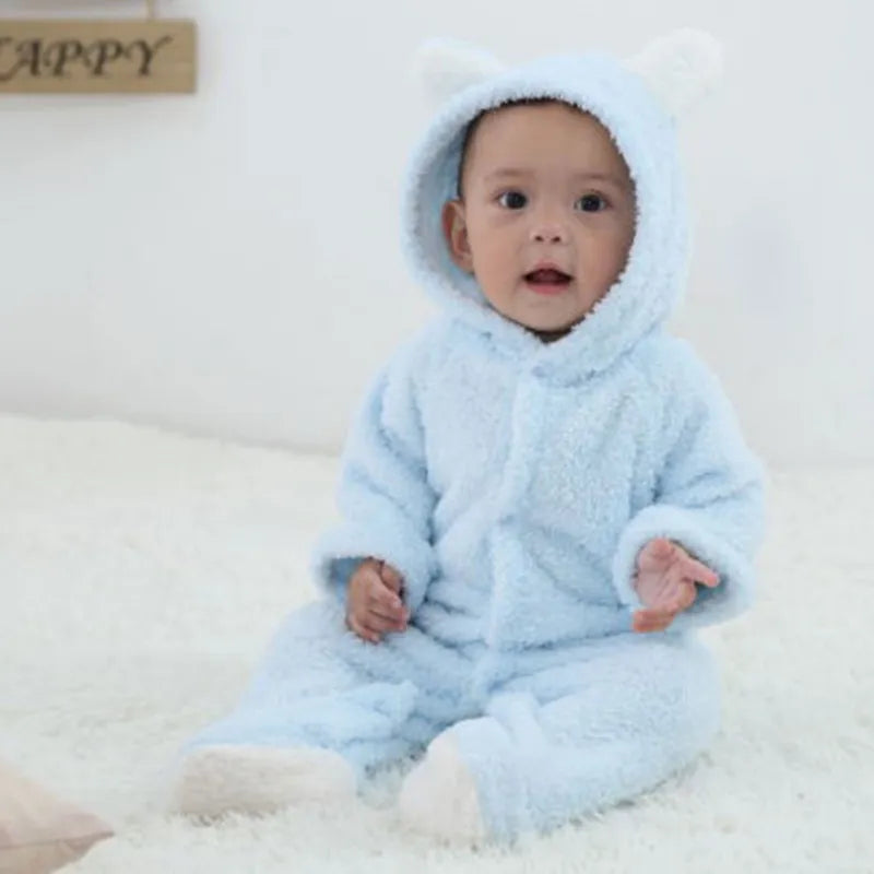 Newborn cozy long sleeve hooded romper, unisex jumpsuit, essential winter baby clothing