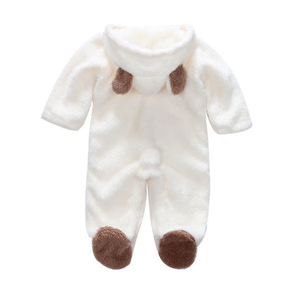 Infant long sleeve hooded romper jumpsuit, warm unisex baby winter outfit 0-12M