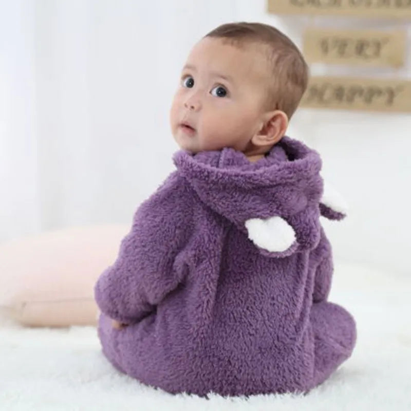 Soft velvet hooded jumpsuit, unisex baby long sleeve romper for cold weather