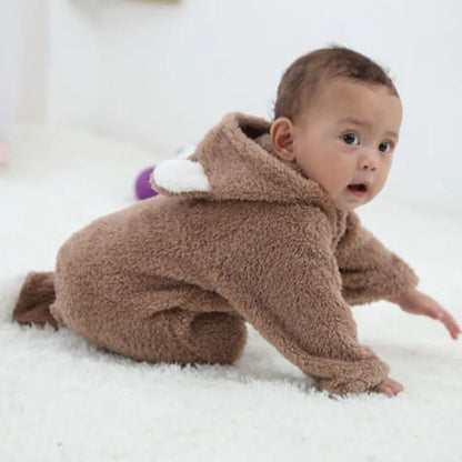 Baby hooded romper jumpsuit, long sleeve winter outfit, unisex design 0-12 months