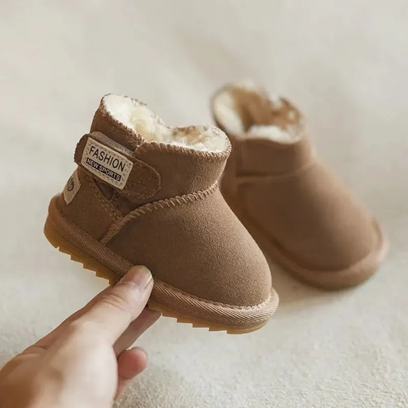 Unisex baby winter snow boots, warm anti-slip footwear, tan brown, front view, for infants & toddlers