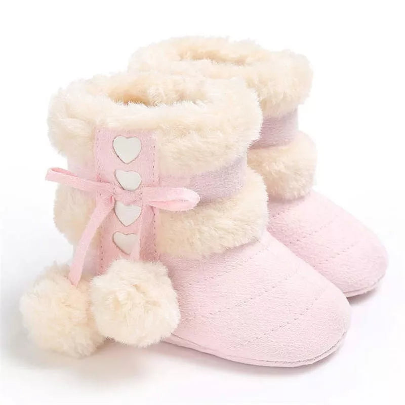 Unisex baby winter snow boots with fluff balls, warm infant footwear for snow