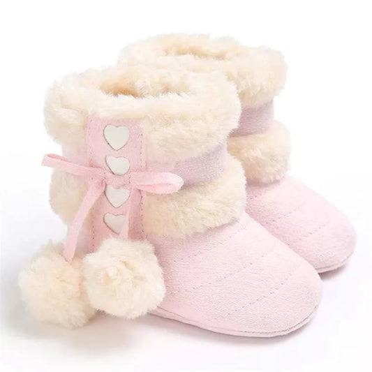 Unisex baby winter snow boots with fluff balls, warm infant footwear for snow