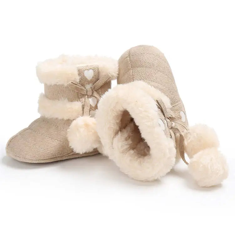 Infant winter snow boots, warm baby footwear with cute fluff ball accents