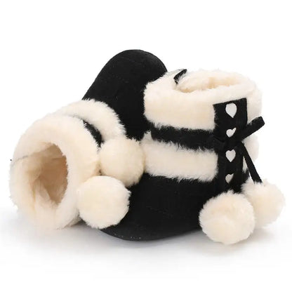 Toddler winter boots, hook-loop closure, plush fluff balls, unisex design