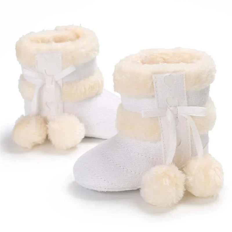 Baby winter boots, unisex design with fluffy adornments, cozy infant footwear