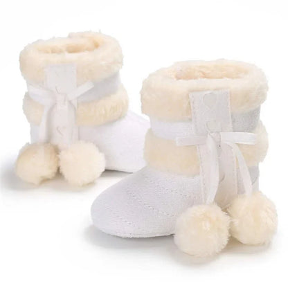 Baby winter boots, unisex design with fluffy adornments, cozy infant footwear