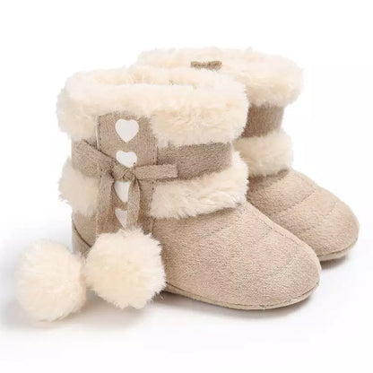 Warm toddler boots, unisex design, featuring soft fluff balls and easy closure