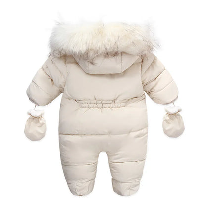 Soft cotton fleece baby romper with hood for cold weather, unisex design