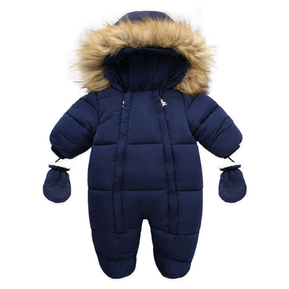 Warm hooded baby jumpsuit for winter, comfortable infant fleece outerwear