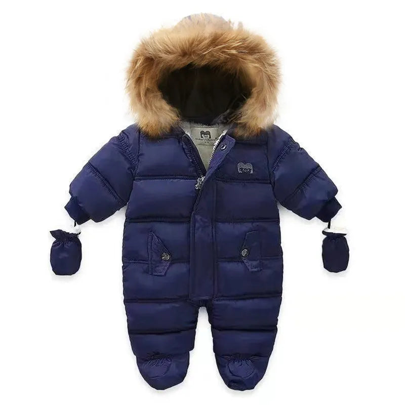 Fleece baby romper with hood, ideal for keeping infants warm in winter