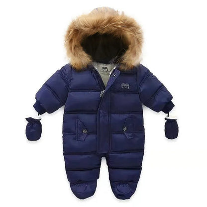 Fleece baby romper with hood, ideal for keeping infants warm in winter