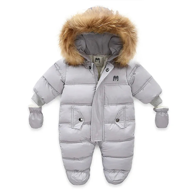 Comfortable hooded fleece romper for baby, great for winter and outdoor play