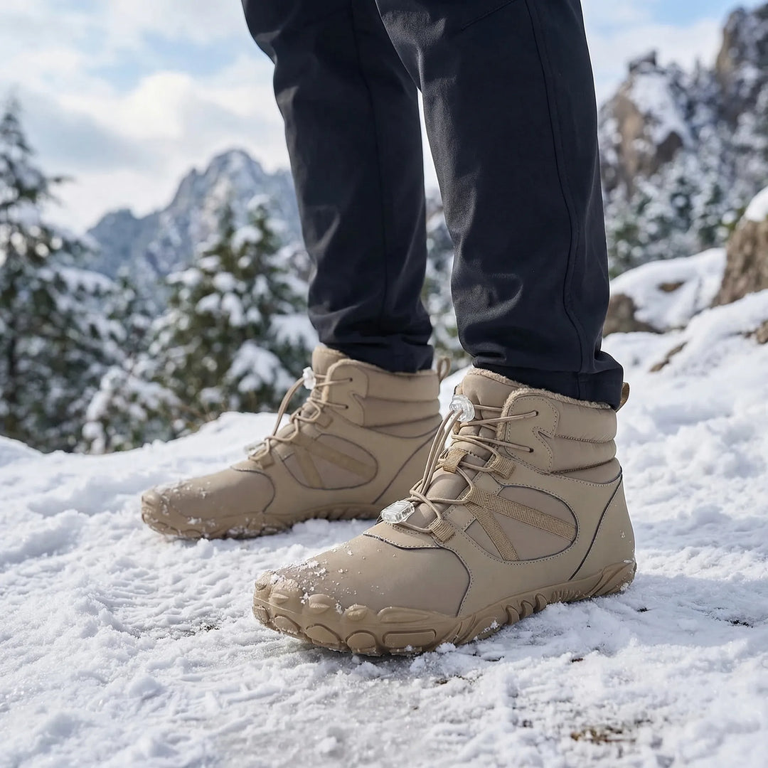 Unisex barefoot ankle winter boots; warm, waterproof, flexible sole. Ideal for cold weather.