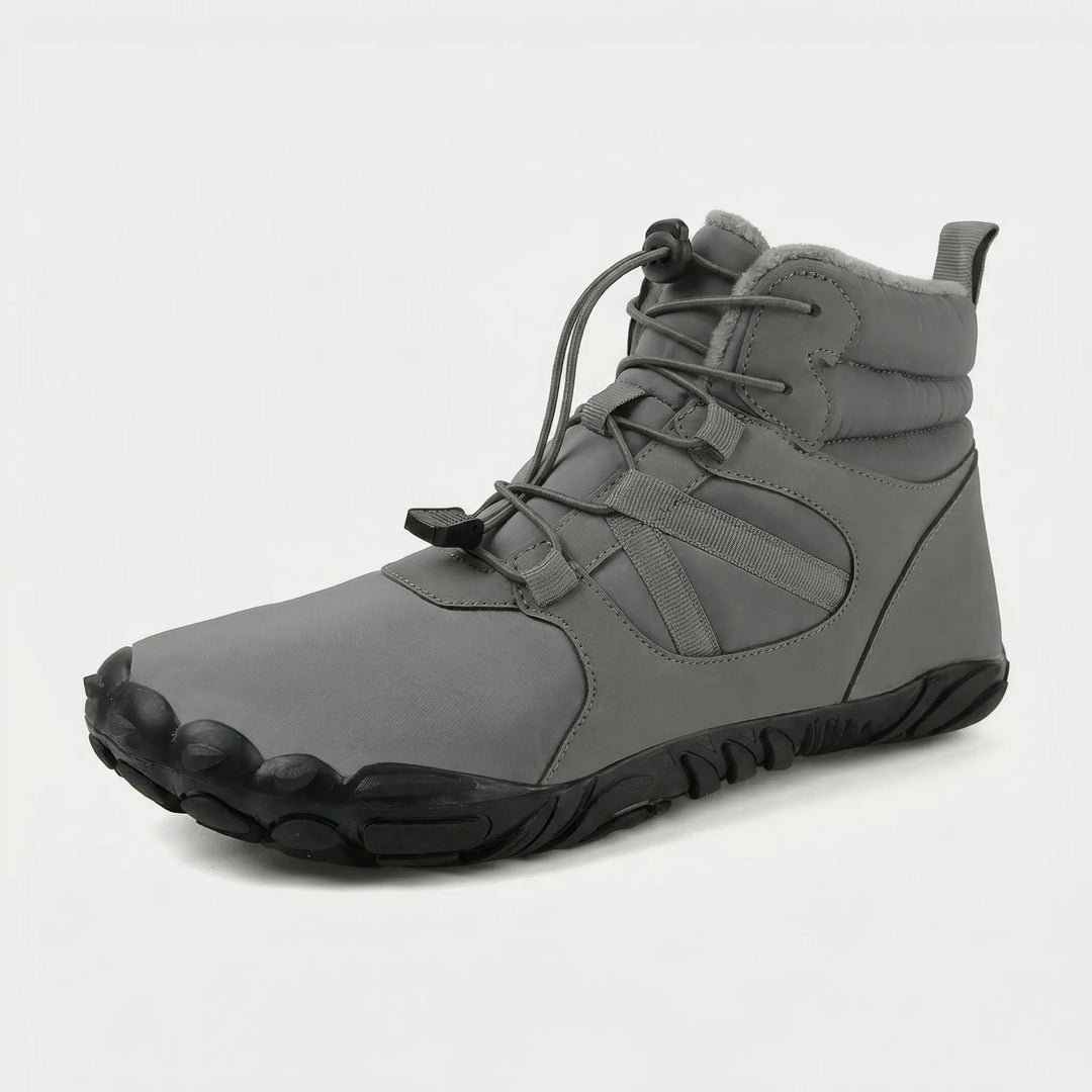 Waterproof barefoot ankle boots, fleece-lined and flexible, ideal for winter outdoor adventures.