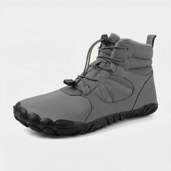 Waterproof barefoot ankle boots, fleece-lined and flexible, ideal for winter outdoor adventures.