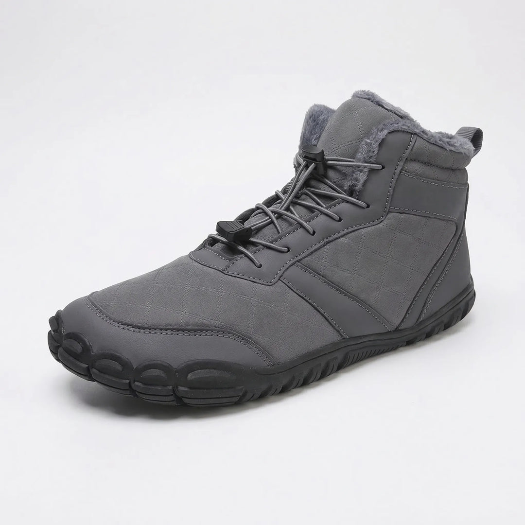 Fleece-lined barefoot ankle boots, waterproof, designed for comfort and warmth in snow.