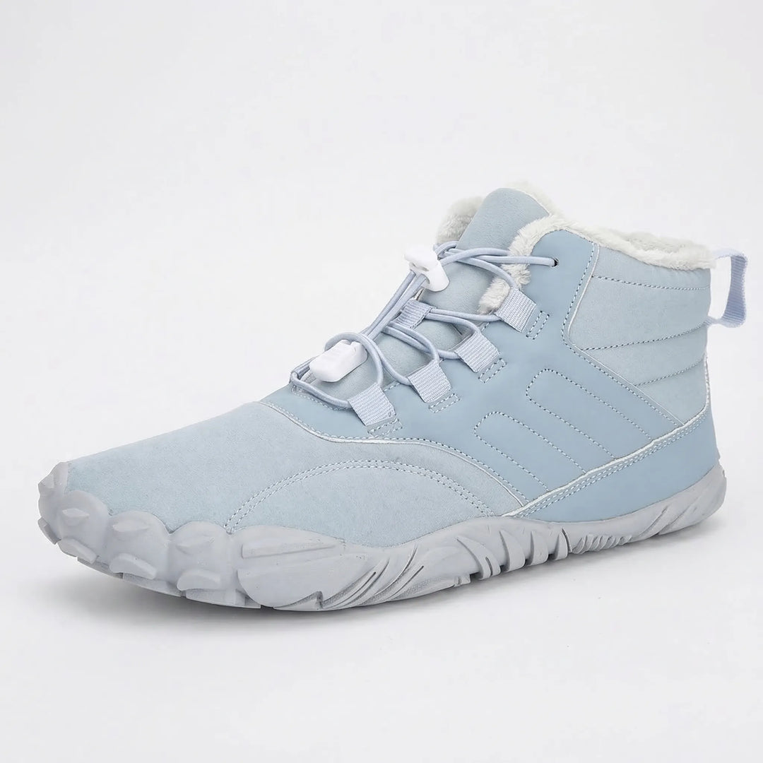 Ankle-height barefoot boots; flexible, water-repellent, and fleece-lined for winter comfort.