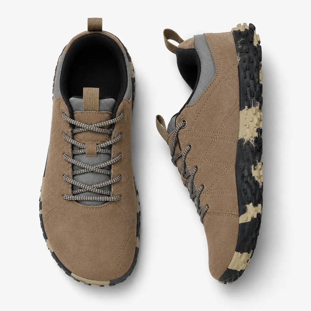 Zero drop, wide toe hiking trainers, offering flexible support for minimalist outdoor walks.