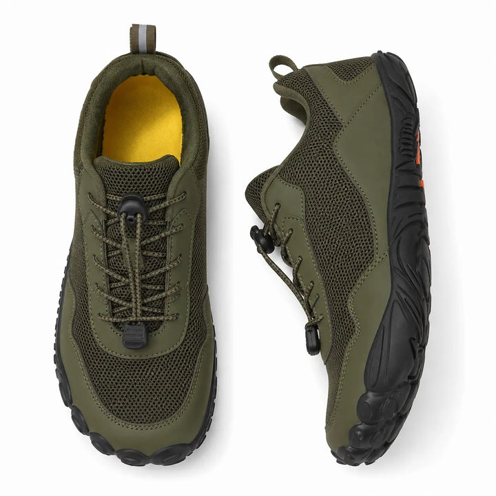 Unisex barefoot hiking trainers with wide toe box for natural foot comfort & flexible outdoor walking.