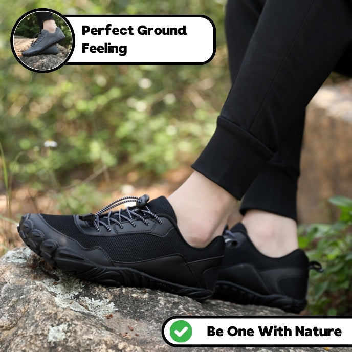 Ergonomic barefoot hiking trainers, wide toe box, offering natural foot movement & stability on outdoor trails.