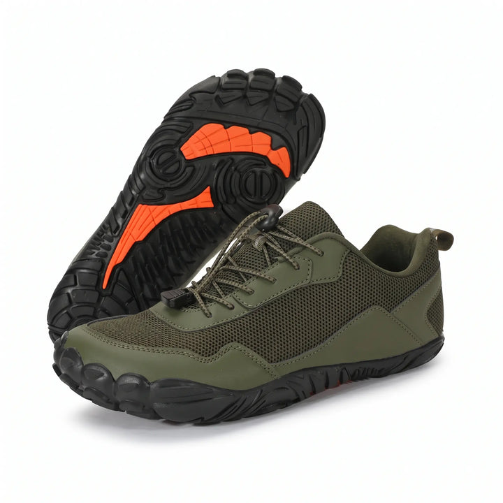 Black barefoot trail trainers, wide toe box, non-slip sole for comfortable hiking & natural movement.