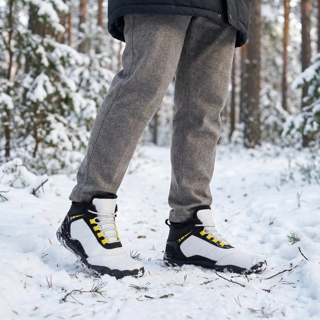 Unisex barefoot winter hiking boots with wide toe box, water repellent design & fleece lining for comfort.