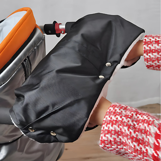 Unisex black stroller pram hand warmer muffs, windproof and waterproof, for parents during winter walks.