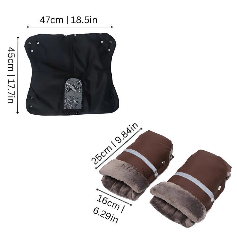 Close-up of soft fleece-lined unisex stroller hand warmer muffs, essential winter gear for pram handles.