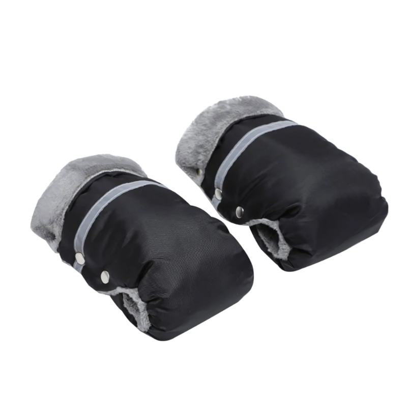 Parent's hands cozy in unisex black pram hand muffs, attached to stroller handle, perfect for cold weather.